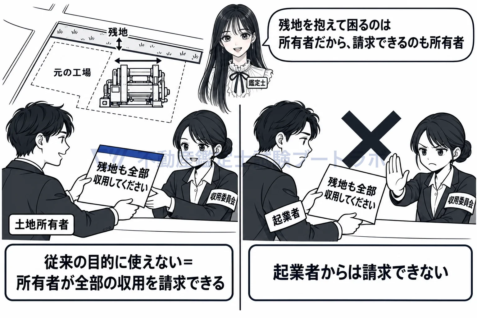 残地補償の図解:残地を抱えて困るのは所有者だから、全部の収用を請求できるのも所有者。