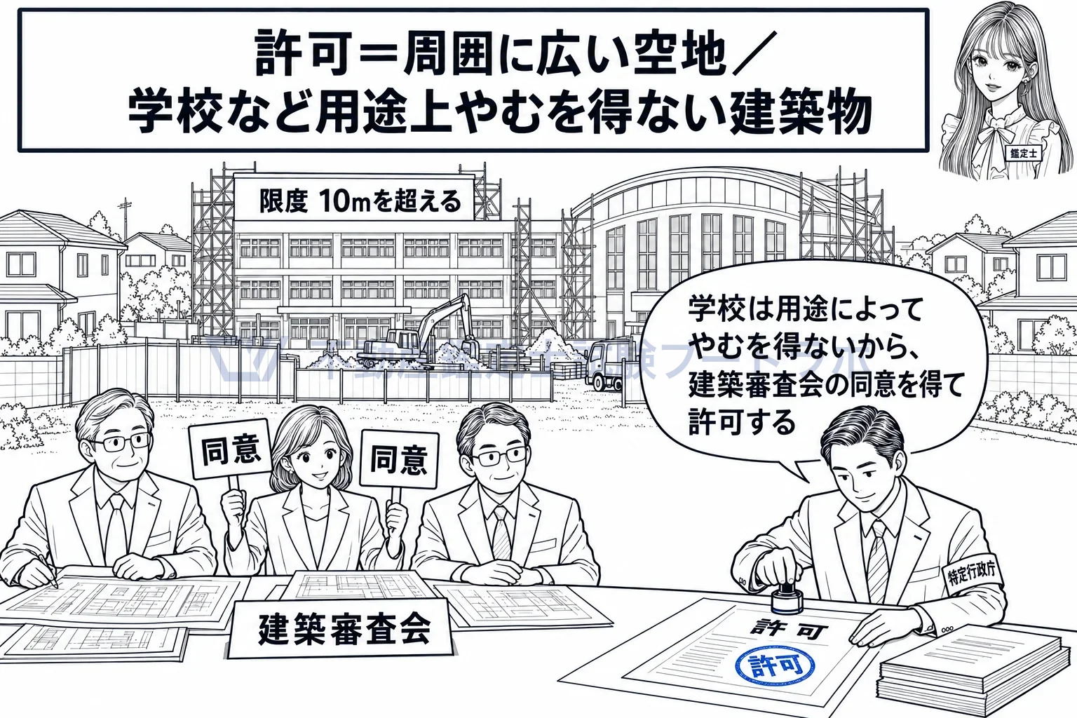 絶対高さ制限の図解：学校は用途上やむを得ないから、審査会の同意を得て許可。